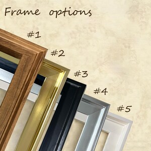 May include: An image showcasing five different picture frame options. The frames are angled, displaying various colors and styles, including wood grain, gold, black, silver, and white. The text "Frame options" is at the top, with numbers identifying each frame.