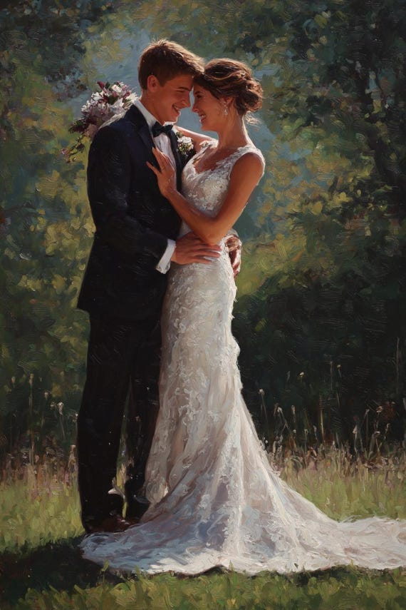Custom Handmade Wedding Portrait Oil Painting for Engagement Gift