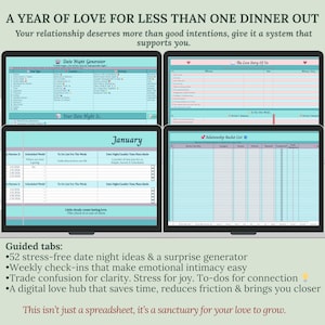 Pode incluir: Quatro telas digitais exibindo ferramentas de planejamento de relacionamento. As telas mostram um gerador de encontros noturnos, um rastreador de histórias de amor, um calendário mensal e uma lista de desejos. O texto inclui "Um ano de amor" e "Ideias para encontros noturnos".