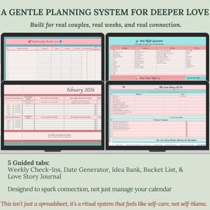 Pode incluir: Quatro telas digitais exibindo um sistema de planejamento de relacionamento. As telas mostram várias abas, incluindo uma lista de desejos, um gerador de encontros noturnos e um diário de histórias de amor. O texto nas telas inclui "Febuary 2026" e "A Gentle Planning System for Deeper Love."