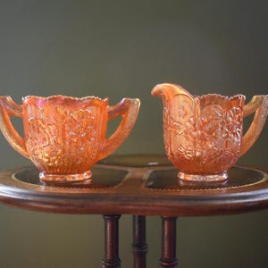 Imperial Marigold Pansy Carnival Glass Sugar Bowl and Creamer Set