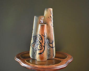 Vintage Mid-Century Modern Ceramic Sculptural Vase Trio | Abstract Hand-Painted Pottery | Retro Studio Art Vase