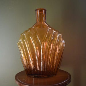 Large Empoli Style Amber Glass Decanter | Vintage Ribbed Vase | Mid Century Italian Decorative Bottle | Retro Amber Art Glass