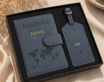 Juego personalizado de portapasaporte y etiqueta para equipaje (Caja de regalo)