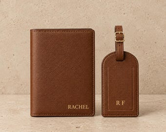 May include: A brown passport holder and a matching luggage tag with a gold buckle. The passport holder is embossed with the name RACHEL in gold lettering, and the luggage tag features the gold embossed initials RF on the front surface.