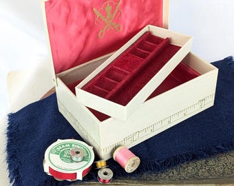 Vintage Rare Sewing Box with Removable Tray, Cream and Gold Lidded Notion Box with Bobbin Tray, 1950's Satin Lined Craft Organizer