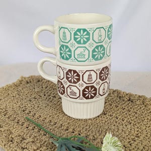 Vintage Pair Daisy McCoy Coffee Cups, (Set of 2) Stackable Retro Aqua and Brown Tea Cups, Ceramic Mid Century Modern Mugs