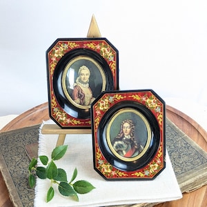 Vintage Small Old World Prints in Hand Painted Floral Frames, Victorian Man and Lady Pictures, Domed Glass Gallery Wall Miniatures