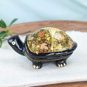 Vintage Paper Mache Turtle Trinket Box, Black Gold Floral Lidded Keepsake Organizer, Lacquered Hand Painted Tortoise Jewelry Dish