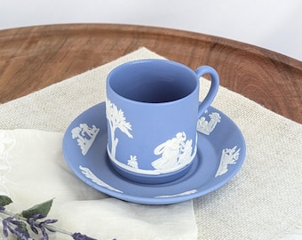 Vintage Wedgwood Pale Blue Demitasse Cup and Saucer, Blue and White Jasperware Ornate Tea Set, Classic English Coffee Bar Drink Ware