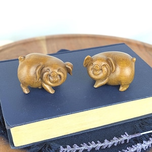 Vintage Boxwood Hand Carved Pair of Chinese Good Luck Pigs, Happy Couple Pig Figurines, Wood Animal Carvings 5.0 (106)