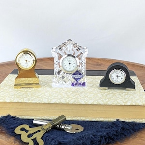 Vintage Miniature Metal and Crystal Clocks (sold individually), Battery Operated Mini Timepieces, Gold and Cut Crystal Tiny Mantel Clocks
