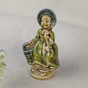 Vintage 3 inch Nursery Rhyme Jill, Decorative Wade Whimsy Girl with Blue Pail, Porcelain Jill with Green Dress Figurine