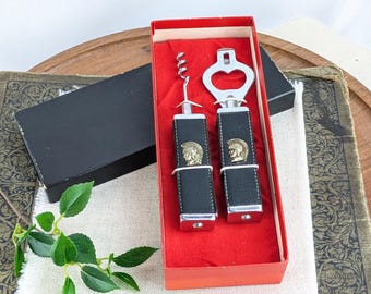 Vintage Roman Soldier Bottle Opener and Corkscrew Set with Original Box, Mid Century Barware Tool Set, Leather Wrapped Handle Bar Accessory