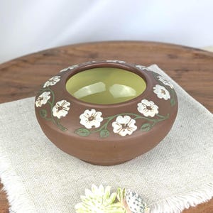 Vintage Pigeon Forge Brown Pottery Hand Painted Bowl with Dogwood Flowers, White Dogwood Low Vase with Yellow Interior, Floral Trinket Bowl