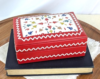 Vintage Hand Laced Red Leather Jewelry Box, Padded Leather Red and White Trinket Box, Hinged Red Decorative Storage Box