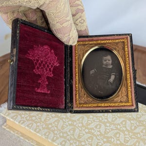 Antique Daguerreotype Image of Infant in Velvet Lined Union Case, Civil War Era Portrait of Baby in Gutta-percha case with Brass clasp