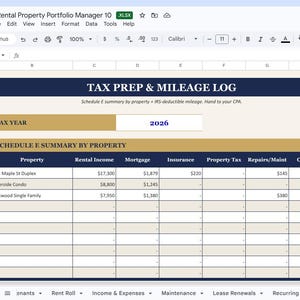 May include: A spreadsheet titled "Tax Prep & Mileage Log" for 2026, designed for property portfolio management. It includes sections for rental income, mortgage, insurance, property tax, and other expenses. The document is in a spreadsheet format.