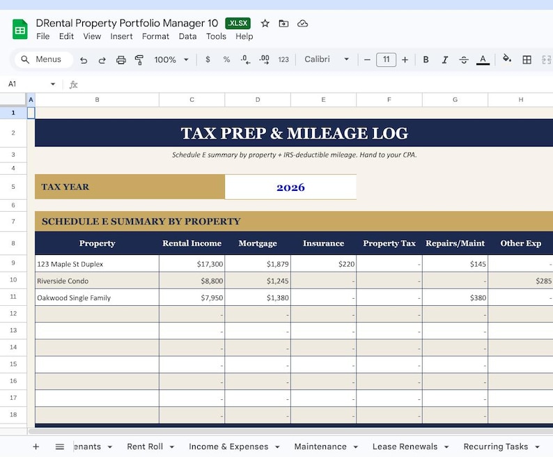 May include: A spreadsheet titled "Tax Prep & Mileage Log" for 2026, designed for property portfolio management. It includes sections for rental income, mortgage, insurance, property tax, and other expenses. The document is in a spreadsheet format.