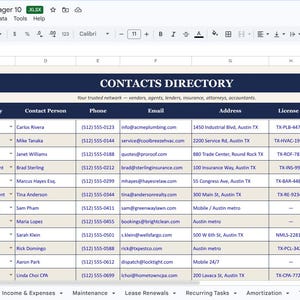 May include: A screenshot of a spreadsheet titled "Contacts Directory" with a dark blue header. The spreadsheet lists contact information for various vendors, agents, and professionals, including names, categories, phone numbers, and addresses.
