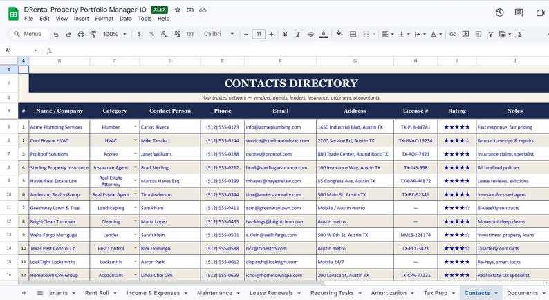 May include: A screenshot of a spreadsheet titled "Contacts Directory" with a dark blue header. The spreadsheet lists contact information for various vendors, agents, and professionals, including names, categories, phone numbers, and addresses.