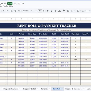 May include: A spreadsheet titled "RENT ROLL & PAYMENT TRACKER" from "DRental Property Portfolio Manager 10." The document displays rent due dates, payments, and statuses, with columns for tenants, properties, and late fees. The status column highlights overdue accounts.