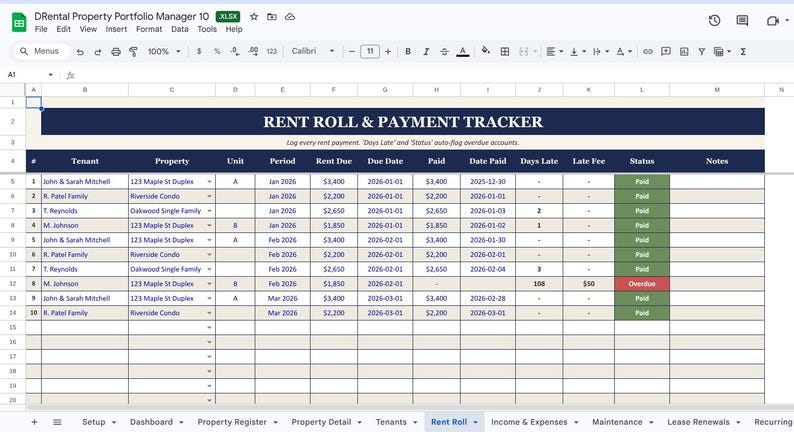 May include: A spreadsheet titled "RENT ROLL & PAYMENT TRACKER" from "DRental Property Portfolio Manager 10." The document displays rent due dates, payments, and statuses, with columns for tenants, properties, and late fees. The status column highlights overdue accounts.