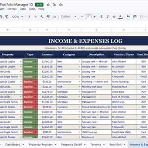May include: A spreadsheet titled "INCOME & EXPENSES LOG" with data entries. The table includes columns for date, property, type, amount, category, description, vendor, and payment method. The document is open in a spreadsheet program.