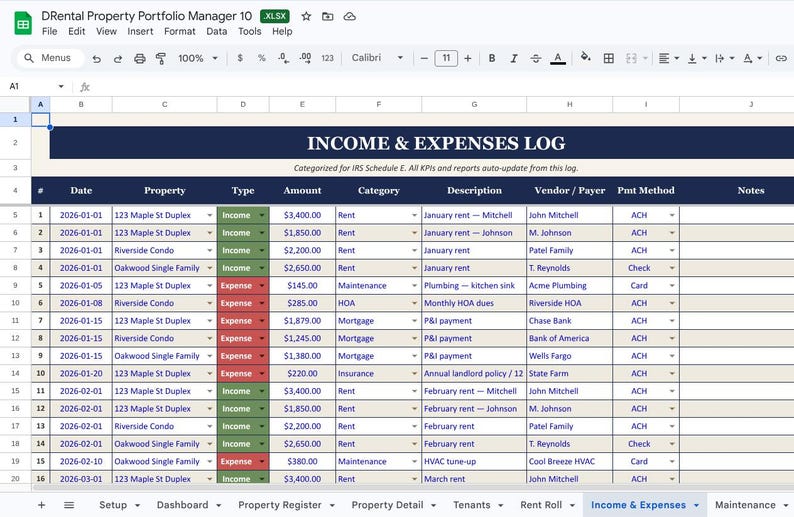 May include: A spreadsheet titled "INCOME & EXPENSES LOG" with data entries. The table includes columns for date, property, type, amount, category, description, vendor, and payment method. The document is open in a spreadsheet program.