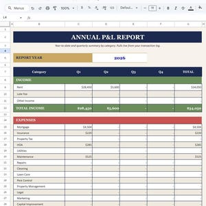 May include: A spreadsheet titled "ANNUAL P&L REPORT" for 2026, detailing income and expenses. Categories include Rent, Mortgage, and Insurance. The document is organized in a table format with quarterly and total financial summaries.