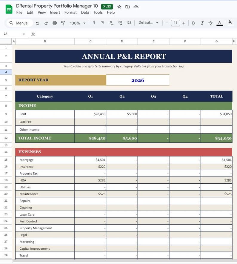 May include: A spreadsheet titled "ANNUAL P&L REPORT" for 2026, detailing income and expenses. Categories include Rent, Mortgage, and Insurance. The document is organized in a table format with quarterly and total financial summaries.
