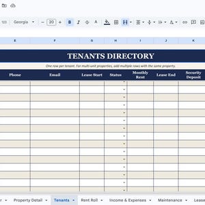 May include: A screenshot of a spreadsheet titled "TENANTS DIRECTORY" in a Google Sheets document. The spreadsheet has columns for tenant information, property details, and lease terms. The top bar includes menu options and document controls.