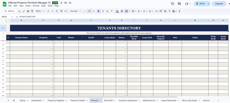 May include: A screenshot of a spreadsheet titled "TENANTS DIRECTORY" in a Google Sheets document. The spreadsheet has columns for tenant information, property details, and lease terms. The top bar includes menu options and document controls.