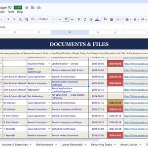May include: A spreadsheet titled "Drental Property Portfolio Manager 10" with data on properties, tenants, and documents. Columns include property details, insurance policies, lease agreements, and dates. The document is open in a web browser.
