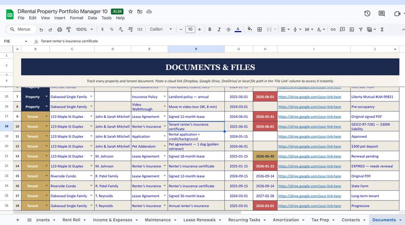 May include: A spreadsheet titled "Drental Property Portfolio Manager 10" with data on properties, tenants, and documents. Columns include property details, insurance policies, lease agreements, and dates. The document is open in a web browser.