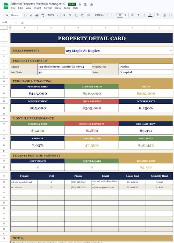 Rental Property Spreadsheet | Landlord Income & Expense Tracker | Portfolio Manager | Property Management Template (Up to 10 Properties)