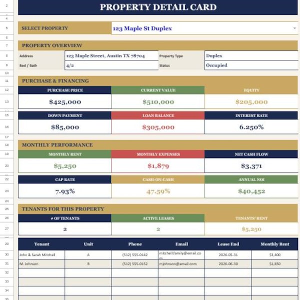 Rental Property Spreadsheet | Landlord Income & Expense Tracker | Portfolio Manager | Property Management Template (Up to 10 Properties)