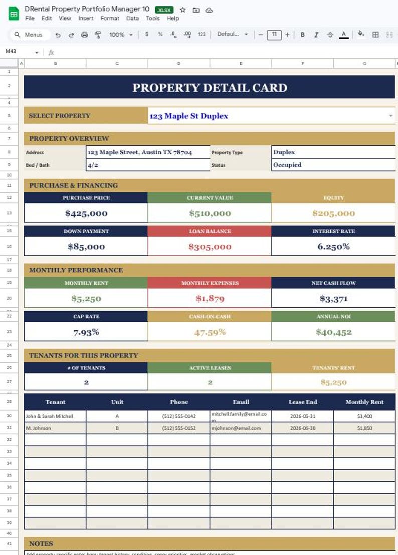 May include: A detailed property detail card for 123 Maple St Duplex, showing financial data. Includes purchase price, current value, loan balance, interest rate, monthly rent, expenses, and net cash flow. Also lists tenants and lease details.