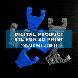May include: Several small, blue and gray 3D-printed objects are arranged against a black background. The objects have a curved shape with a rectangular top. Text on a blue banner reads "DIGITAL PRODUCT STL FOR 3D PRINT PRIVATE USE LICENSE."