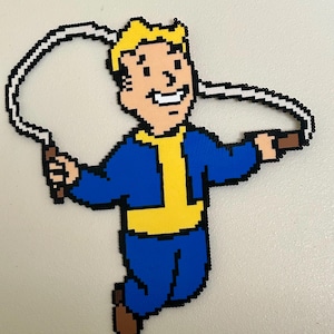 May include: Pixelated image of a character in a blue jumpsuit with a yellow '76' logo, jumping rope. The character has blonde hair and a smiling expression. The jump rope is white with black detailing.