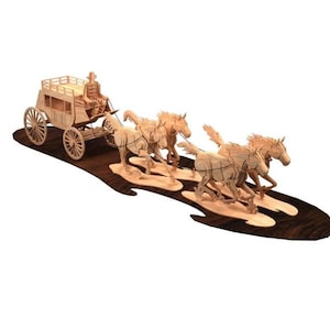 レーザーカット用ステージコーチ3D DXFファイル、馬車木製モデル、ウエスタンワゴンベクターテンプレート、CNC対応デジタルダウンロード