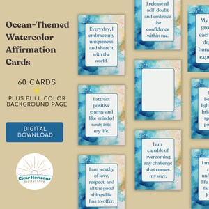 60 Ocean-Inspired Affirmation Cards Printable | Calming Watercolor Positive Affirmations PDF | DIY Mindfulness Cards with Editable Blanks