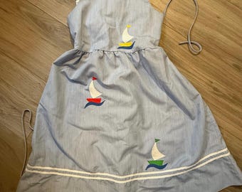 Vintage Nautical Dress with Sailboat Appliqués. Size 12 . Fishel by Johnson. Excellent Quality!