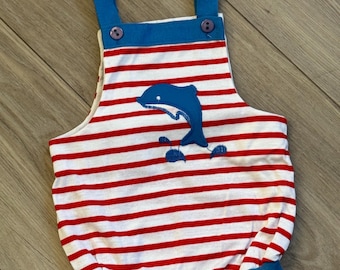 Vintage Striped Bubble Romper. Dolphin Appliqué. Knit Fabric No Tags. Estimated Size 9-12 Months