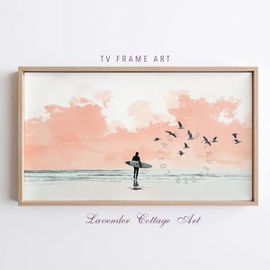 Neutral Coastal Retro Minimalist Surfer Sunset Frame TV Art, Summer Pink Ocean Coastal Landscape TV Artwork, Modern Beach Vibe TV Download
