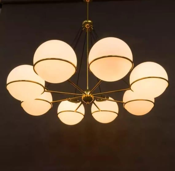 Mid-Century Modern Brass Opaline Glass 8-Globe Chandelier