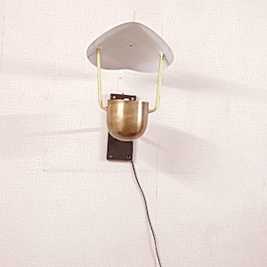 May include: A vintage wall light with a heart-shaped, frosted glass shade, supported by brass-coloured metal arms. The fixture has a brass-coloured, U-shaped light housing and a dark metal mounting plate. A black power cord extends from the fixture.