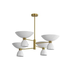 Pode incluir: Um candelabro moderno com estrutura dourada e seis abajures brancos em forma de tigela. As luminárias são suspensas de uma haste central, criando um design de iluminação elegante e contemporâneo. Projetado para montagem no teto.