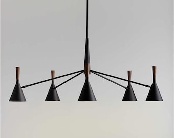 Lampadario moderno a più bracci conici neri e dettagli in legno – Lampada da soffitto di design minimalista