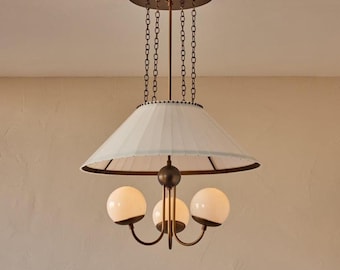 Modern Brass Chandelier | Opal Glass Globes & Pleated Shade